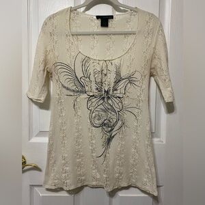 Calvin Klein Jeans Ivory Lace Top with Gray Artistic Pattern
